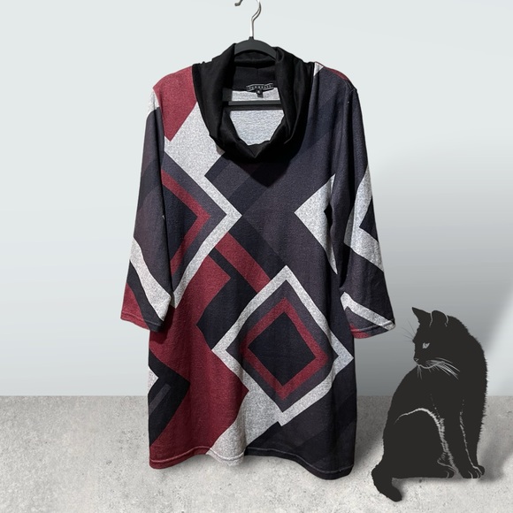 Funsport Black/Burgundy/Grey Geometric Print Cowl Neck Knit Tunic Top - Picture 10 of 11
